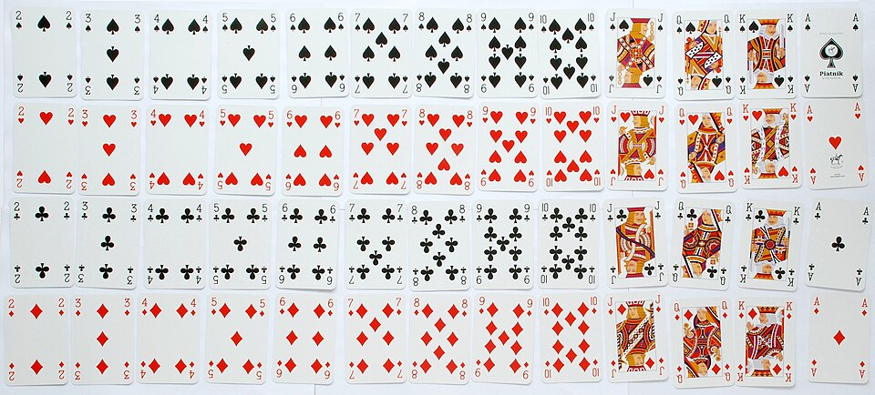 The standard deck laid out into suits, with numbers in ascending order and ace high.